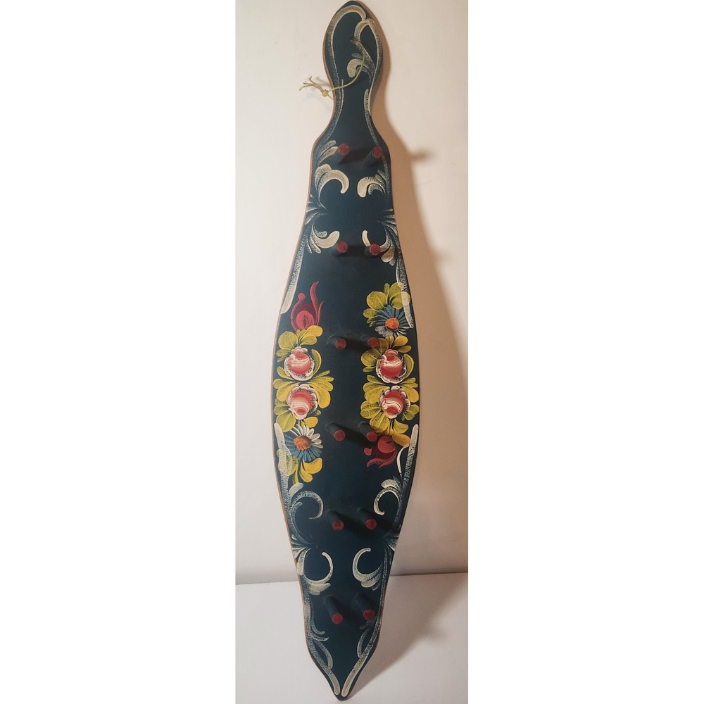 Vintage Rosemaling Wooden Wall Rack Hand Painted Floral Folk Art Peg Display